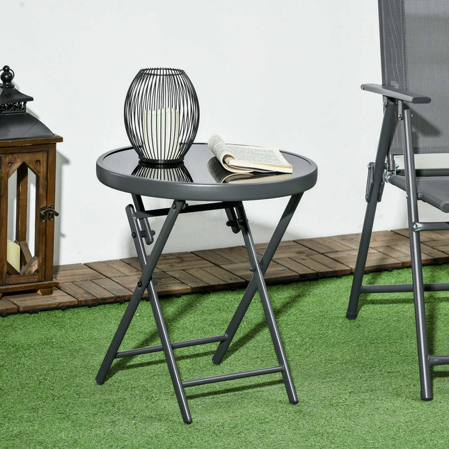 Outsnuuy masă laterală pliabilă, masă pliabilă din sticlă, masă mică de camping, masă rotundă pentru canapea, masă balcon pentru balcon, terasă, living, birou, 45 x 45 x 50 cm, negru