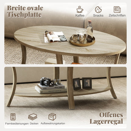 Masă de cafea ovală cu raft, design din lemn de cauciuc cu 2 niveluri