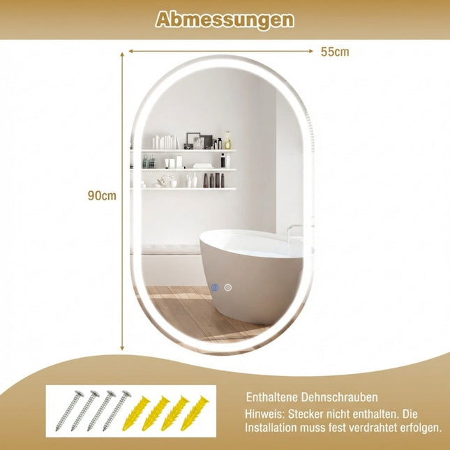 Oglindă ovală pentru baie cu LED, 90x55 cm, anti-aburire, reglabilă intensitatea luminii