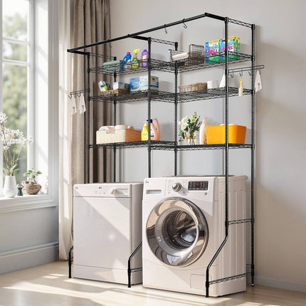 Over Washer and Dryer Shelf, 6-Tier Rack With Rod, Hooks