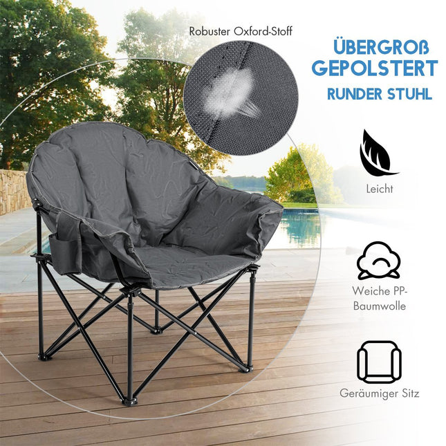 Scaun de camping pliabil supradimensionat cu suport pentru pahare, gri