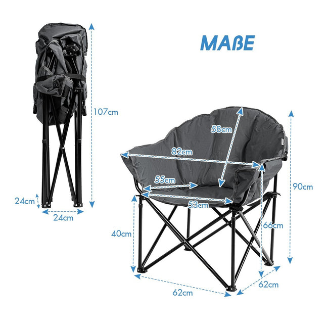 Scaun de camping pliabil supradimensionat cu suport pentru pahare, gri