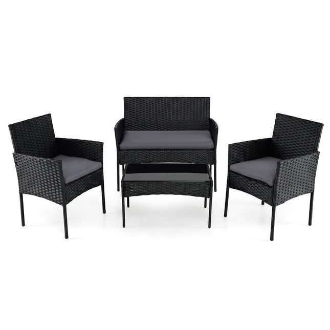 Set de mobilier de terasă din ratan PE, 4 piese, perne, masă de sticlă