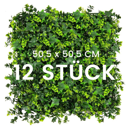 Pachet de 12 perete de plante pentru gard viu artificial 50,5 x 50,5 cm frunze mixte protejate UV