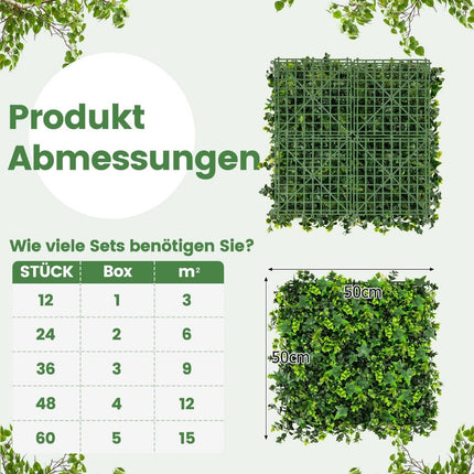 Pachet de 12 perete de plante pentru gard viu artificial 50,5 x 50,5 cm frunze mixte protejate UV