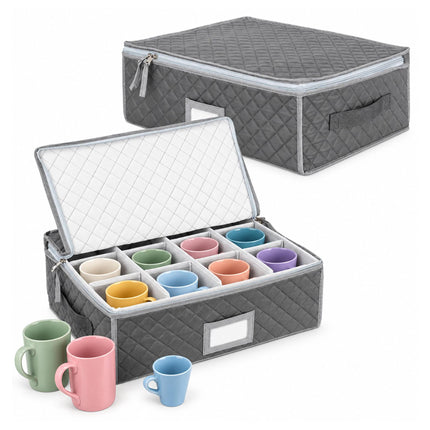 Padded Cup Storage Boxes with Dividers, Set of 2, Grey, 15.5 x 40.5 x 33 cm