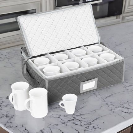 Padded Cup Storage Boxes with Dividers, Set of 2, Grey, 15.5 x 40.5 x 33 cm
