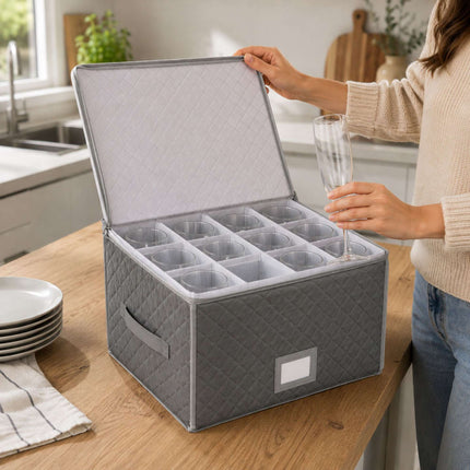 Padded Glass Storage Boxes with Dividers, Set of 2, Grey, 25.5 x 40.5 x 33 cm