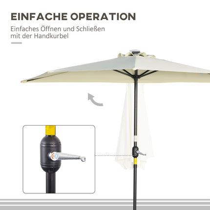 Half umbrella with LED lights, hand crank, solar panel, beige