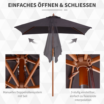 Umbrelă de soare pliabilă de grădină din lemn de brad, reglabilă la 3 niveluri, gri închis, 200X150X230Cm