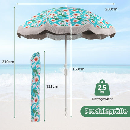 Umbrelă de plajă cu franjuri UPF 50+ umbrelă de terasa pliabilă la 30° cu vârf la sol