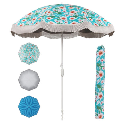 Umbrelă de plajă cu franjuri UPF 50+ umbrelă de terasa pliabilă la 30° cu vârf la sol