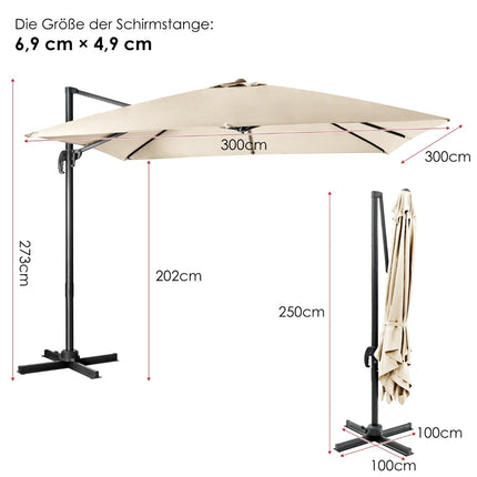 Umbrela de soare cu 3 setari de inclinare pentru gradini, terase, cafenele, 300 x 300 x 273 cm, bej