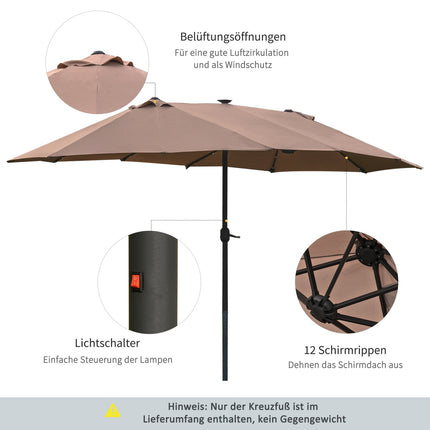 Umbrelă de soare cu LED dublă umbrelă de soare 440 x 260 cm umbrelă de grădină umbrelă de terasă mare ovală cu manivelă și cadru metalic kaki