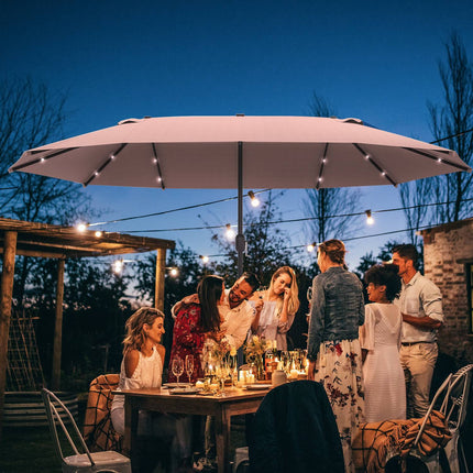 Umbrelă de soare cu LED dublă umbrelă de soare 440 x 260 cm umbrelă de grădină umbrelă de terasă mare ovală cu manivelă și cadru metalic kaki