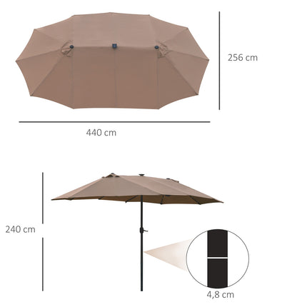 Umbrelă de soare cu LED dublă umbrelă de soare 440 x 260 cm umbrelă de grădină umbrelă de terasă mare ovală cu manivelă și cadru metalic kaki