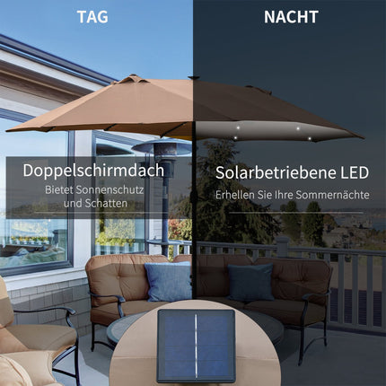 Umbrelă de soare cu LED dublă umbrelă de soare 440 x 260 cm umbrelă de grădină umbrelă de terasă mare ovală cu manivelă și cadru metalic kaki