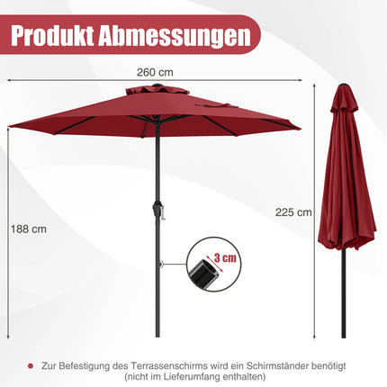 Umbrelă de terasă 250 cm cu manivelă, 8 nervuri, vișinie