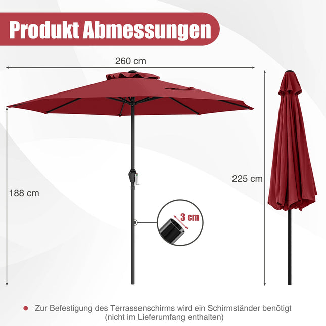 Umbrelă de terasă 250 cm cu manivelă, 8 nervuri, vișinie