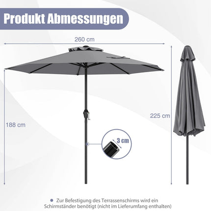 Umbrelă de terasă 250 cm cu manivelă, 8 nervuri, gri