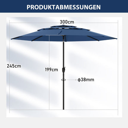Patio Umbrella 300cm, Tilt & Crank, Marine Blue
