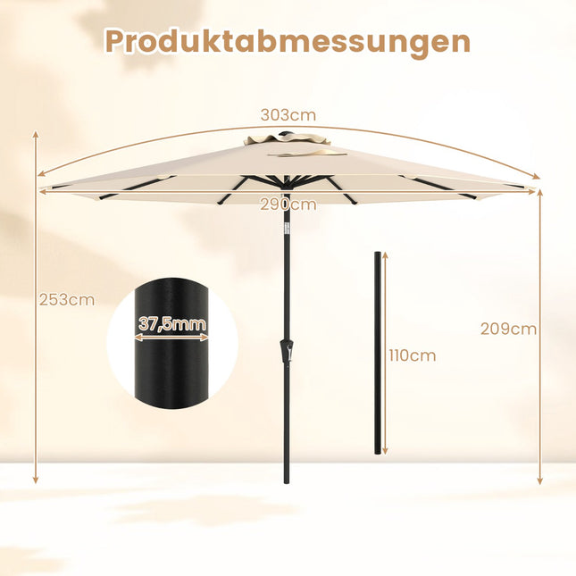 Umbrelă de terasă cu diametrul de 303 cm, funcție de înclinare, bej