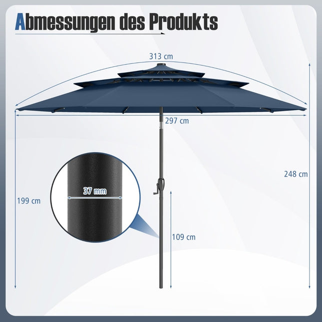 Umbrelă de terasă, cu 3 niveluri, LED solar, înclinabilă, albastru marin