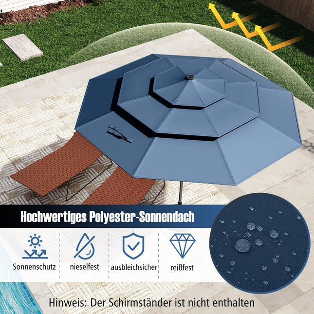 Umbrelă de terasă, cu 3 niveluri, LED solar, înclinabilă, albastru marin