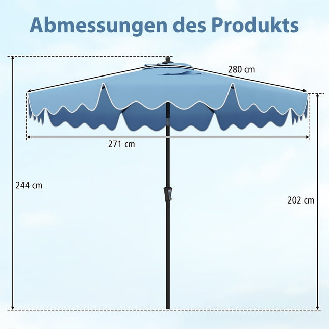Umbrelă de terasă cu manivelă, înclinare și ventilație, 280 cm, albastră