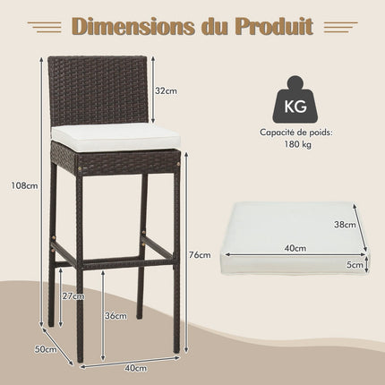 Set de 4 scaune de bar din răchită pentru terasă, perne, 76 cm