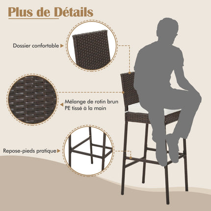 Set de 4 scaune de bar din răchită pentru terasă, perne, 76 cm