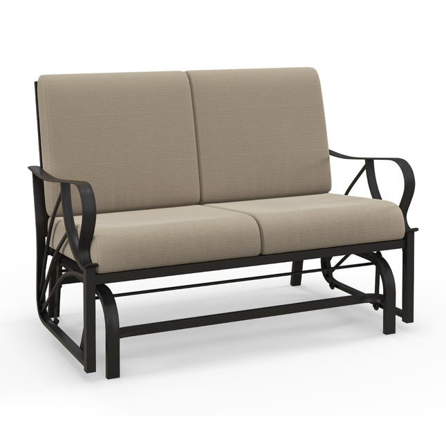 Bancă de terasă cu perne pulverizate cadru metalic cotiere curbate design ergonomic maro