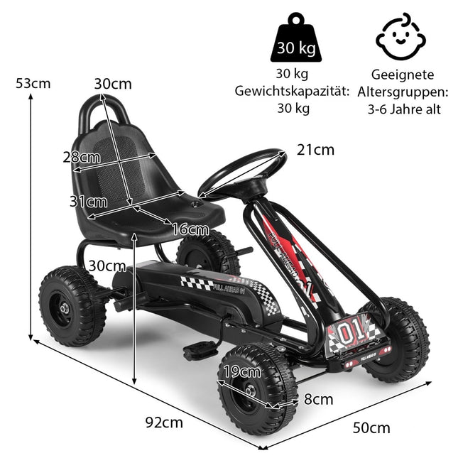 Kart cu pedale pentru copii, scaun reglabil, frână de mână, negru