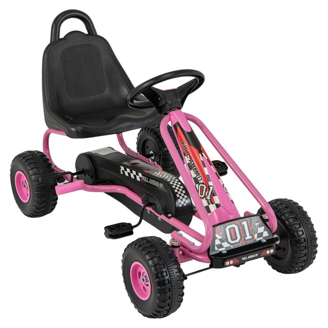 Kart cu pedala pentru copii, scaun reglabil, frana de mana, roz