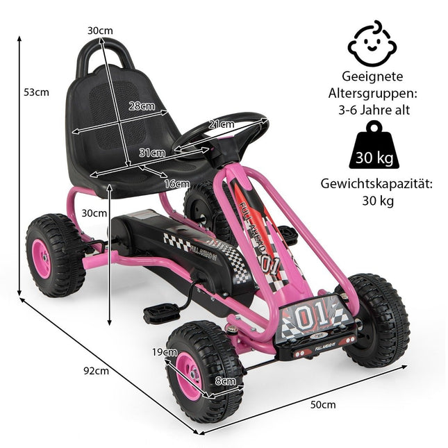 Kart cu pedala pentru copii, scaun reglabil, frana de mana, roz