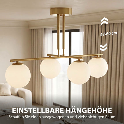 Pendant Light with 4 Globe Shades and 350° Rotating Arms, Gold, White, 47–60 cm
