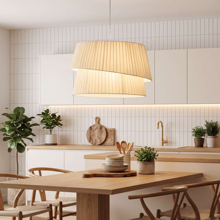 Pendant Light with Double Fabric Shade and 3 E14 Sockets, White, Gold Canopy
