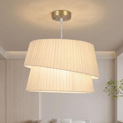 Pendant Light with Double Fabric Shade and 3 E14 Sockets, White, Gold Canopy