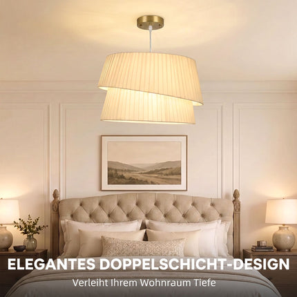 Pendant Light with Double Fabric Shade and 3 E14 Sockets, White, Gold Canopy