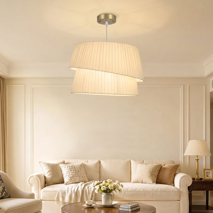 Pendant Light with Double Fabric Shade and 3 E14 Sockets, White, Gold Canopy