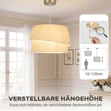 Pendant Light with Double Fabric Shade and 3 E14 Sockets, White, Gold Canopy