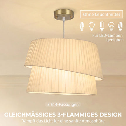 Pendant Light with Double Fabric Shade and 3 E14 Sockets, White, Gold Canopy