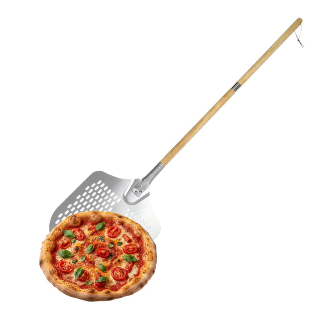 Pala de pizza perforată XL, mâner din lemn, lungime reglabilă