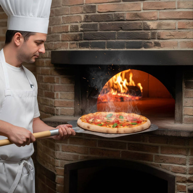 Pala de pizza perforată XL, mâner din lemn, lungime reglabilă