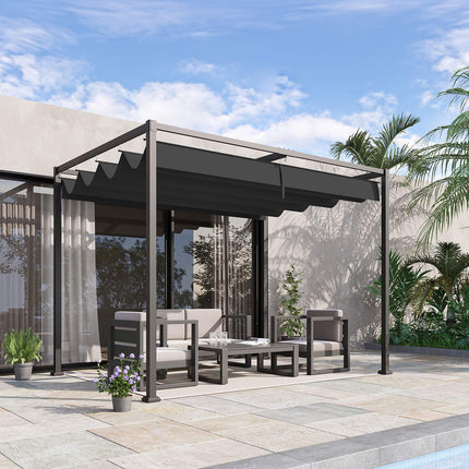 Baldachin de terasă cu pergola foișor cu acoperiș glisant, poliester, negru+gri, 298X213X221Cm