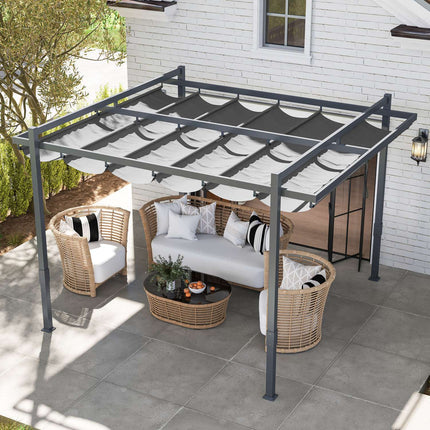 Pavilion Pergola Aprox. 3,5x3m Protecție solară stabilă, rezistentă la iarnă, din aluminiu, cu acoperiș glisant reglabil, de sine stătătoare, foișor de grădină, baldachin pentru grădină, balcon, gri Aosom