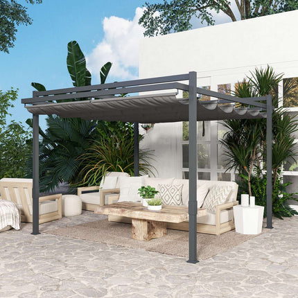 Pavilion Pergola Aprox. 3,5x3m Protecție solară stabilă, rezistentă la iarnă, din aluminiu, cu acoperiș glisant reglabil, de sine stătătoare, foișor de grădină, baldachin pentru grădină, balcon, gri Aosom