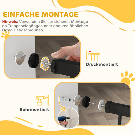 Poartă pentru animale de companie 106 cm, lățime reglabilă, ușă pentru pisici, neagră