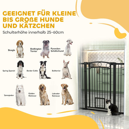 Poartă pentru animale de companie 106 cm, lățime reglabilă, ușă pentru pisici, neagră