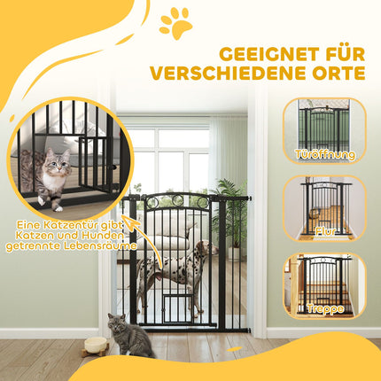 Poartă pentru animale de companie 106 cm, lățime reglabilă, ușă pentru pisici, neagră